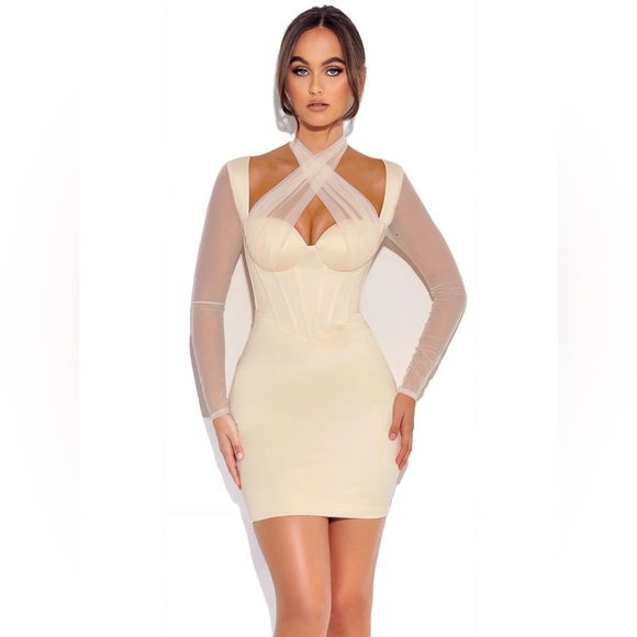 Miss Circle Beige Satin Mesh Long Sleeve Corset Dress XL - Picture 1 of 11